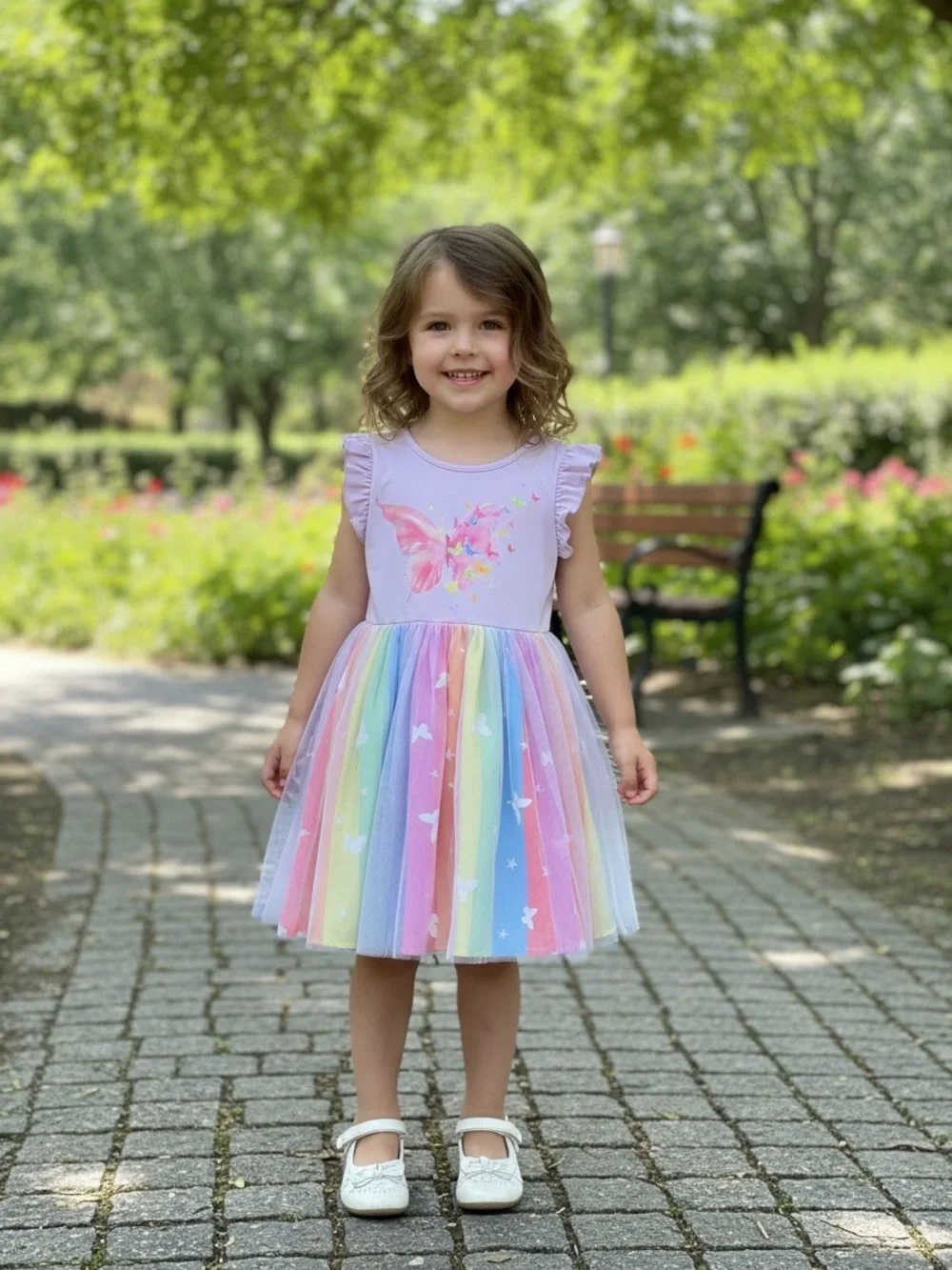 SHEIN Pastel Rainbow Butterfly Tulle Dress - Pink, Lavender, Yellow, Blue, Green